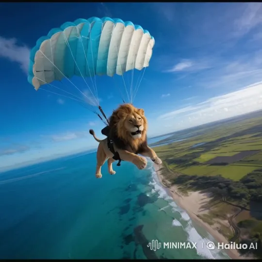Lion Gracefully Skydiving Over Coastal Landscape – AI Generated Video | Hailuo AI