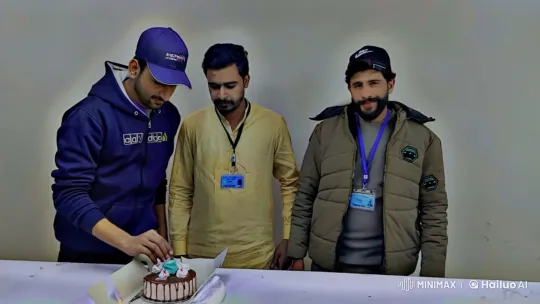Three Men Playfully Tussle Over a Cake – AI Generated Video | Hailuo AI