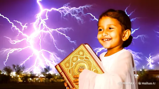 Child Embraces Holy Quran in Spiritual Cinematic Scene – AI Generated Video | Hailuo AI