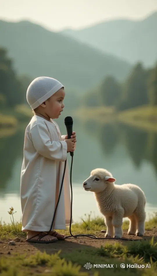 Muslim Child Recites Poem by Serene Riverside with Sheep – AI Generated Video | Hailuo AI