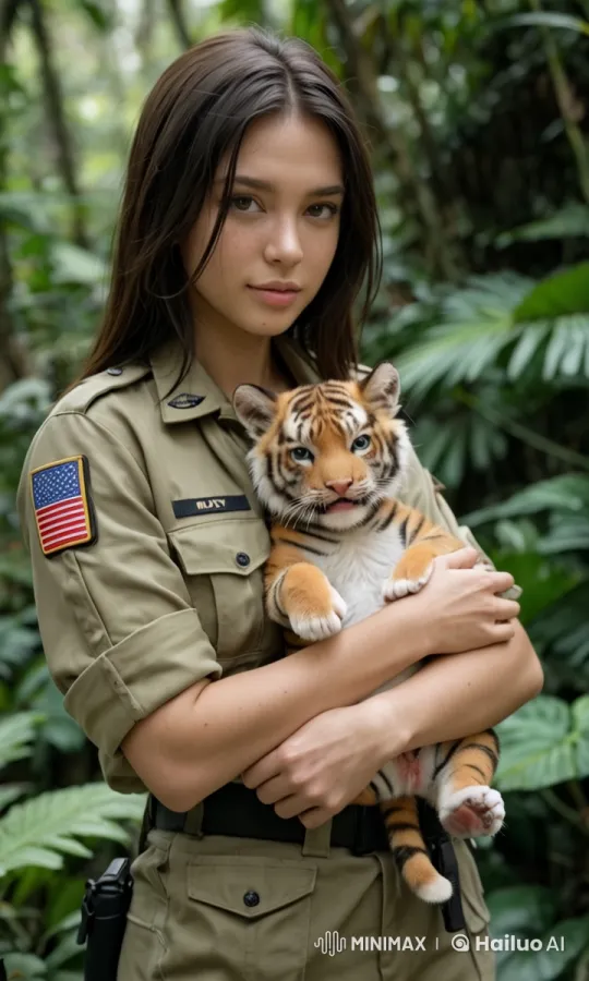 Uniformed Lady Playfully Interacts with Baby Tiger in Jungle Setting – AI Generated Video | Hailuo AI