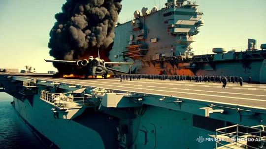 Warplane Explodes on Aircraft Carrier: Chaos Ensues – AI Generated Video | Hailuo AI