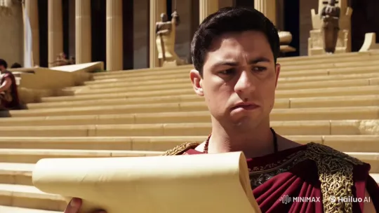 Ancient Greek Servant Reads with Grandeur Amidst Bustling Activity – AI Generated Video | Hailuo AI