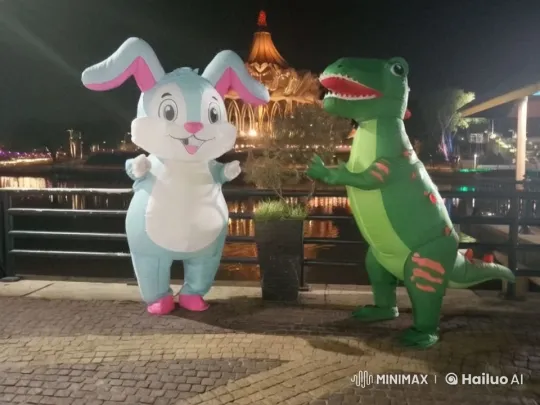 Costumed Bunny and Dinosaur Perform Kung Fu by Waterfront – AI Generated Video | Hailuo AI