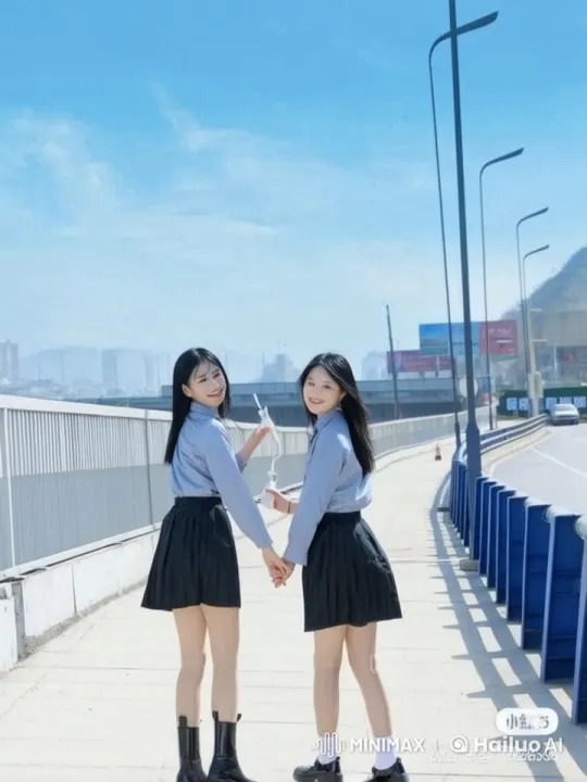 Two Young Women Holding Hands on a Bridge in Live2D Animation – AI Generated Video | Hailuo AI