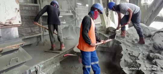 Industrial Scene: Synchronized Shoveling in Dusty Setting – AI Generated Video | Hailuo AI