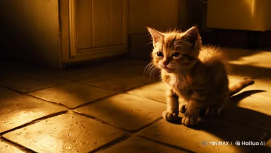 Distressed Kitten in Dimly Lit Kitchen – AI Generated Video | Hailuo AI