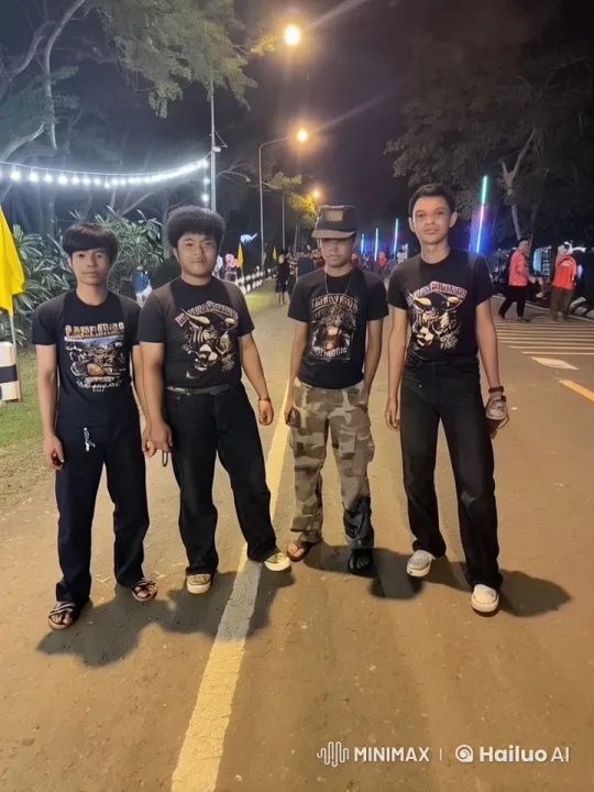 Four Friends Enjoy a Festive Night on a Colorful Street – AI Generated Video | Hailuo AI