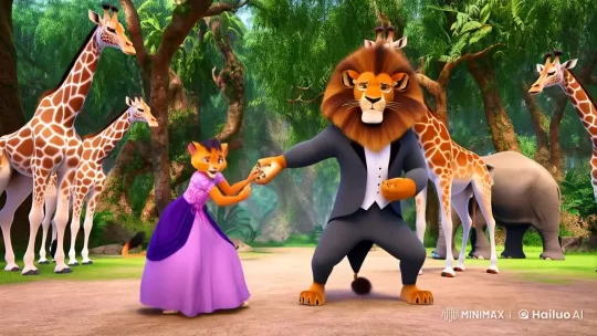 Regal Lion and Petite Cat Dance Gracefully in Lush Jungle – AI Generated Video | Hailuo AI
