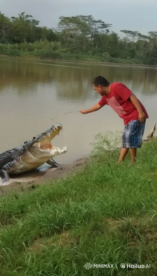 Risky Interaction: Person Teases Crocodile by Riverbank – AI Generated Video | Hailuo AI