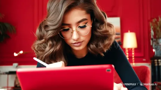 Young Artist at Work in Red-Toned Study – AI Generated Video | Hailuo AI