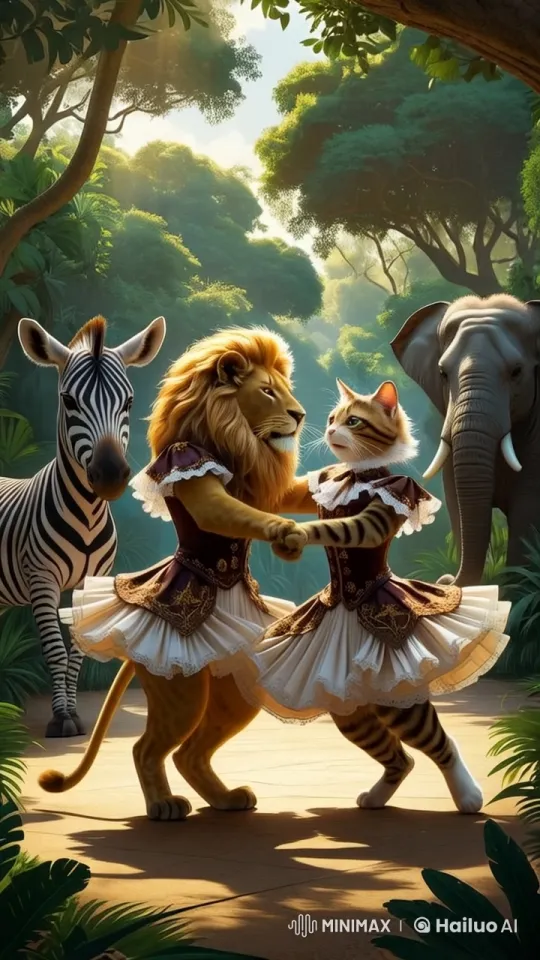 Elegant Dance of Feline Friends in Animated Jungle Setting – AI Generated Video | Hailuo AI