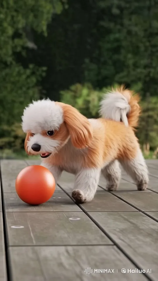 Adorable Dog Plays with Ball on Wooden Deck – AI Generated Video | Hailuo AI