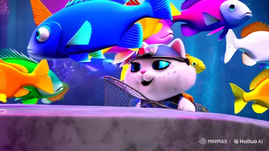 Cyberpunk Cat Adventurer Hunts in Neon Aquarium – AI Generated Video | Hailuo AI