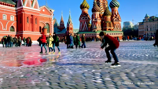 Harry Potter Skates Joyfully Across Red Square in Hyper-Realistic Winter Scene – AI Generated Video | Hailuo AI