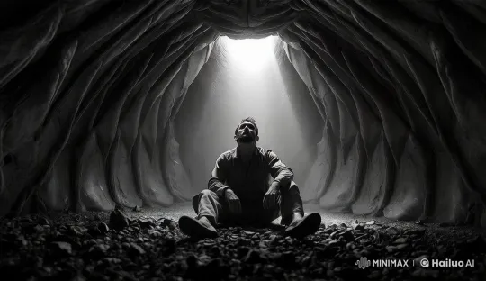 Man in Cave Reflects on Light Amidst Shadows – AI Generated Video | Hailuo AI