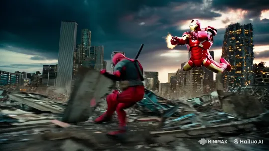 Deadpool vs. Iron Man: Dynamic Clash in Urban Chaos – AI Generated Video | Hailuo AI