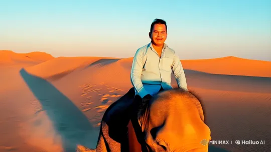 Confident Man Rides Majestic Elephant Through Golden Desert – AI Generated Video | Hailuo AI
