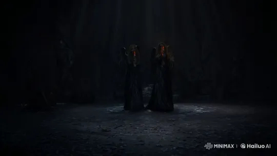Cinematic Fusion of Light and Darkness in Ritualistic Chamber – AI Generated Video | Hailuo AI