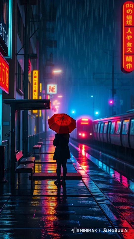 Neon-Lit Figure with Umbrella in Rainy Night – AI Generated Video | Hailuo AI