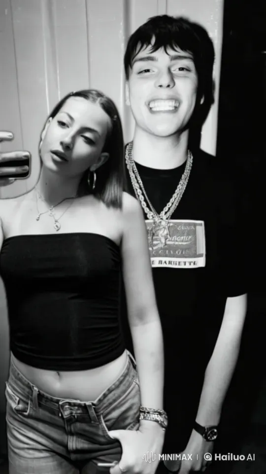 Young Couple Poses for Selfie in Black-and-White Live2D Animation – AI Generated Video | Hailuo AI