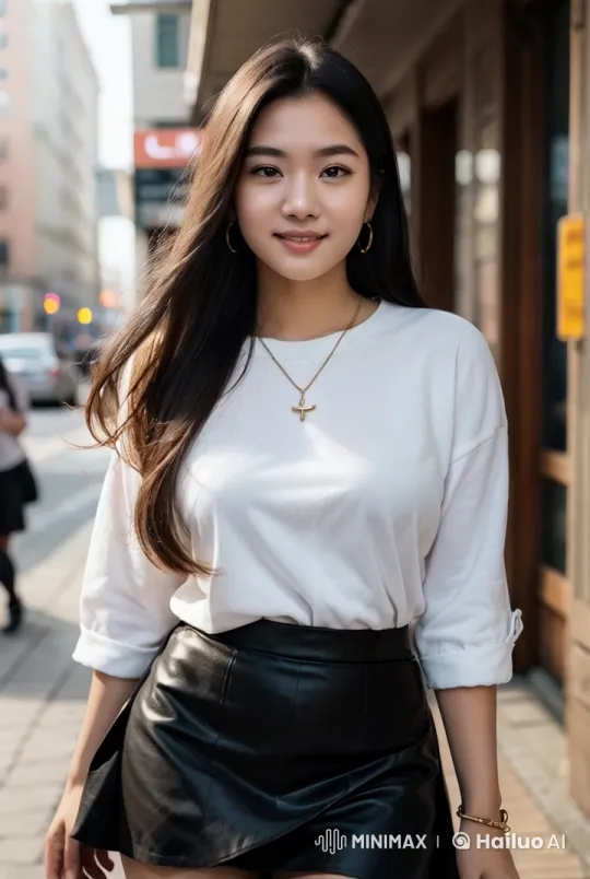 Young Woman in White Top and Mini Skirt on Urban Street – AI Generated Video | Hailuo AI