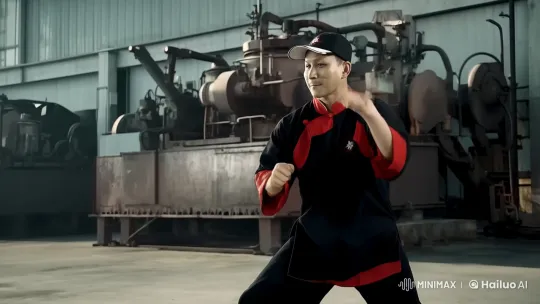 Kungfu Master in Industrial Setting – AI Generated Video | Hailuo AI