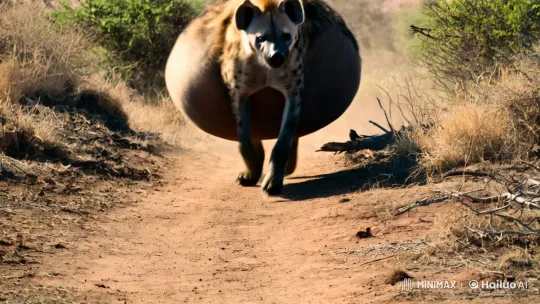 Pregnant Hyena Charges with Swollen Belly Captured – AI Generated Video | Hailuo AI