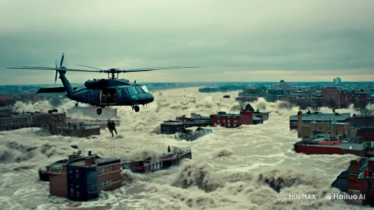 Aerial Heroism in Catastrophic Flood Rescue Scene – AI Generated Video | Hailuo AI