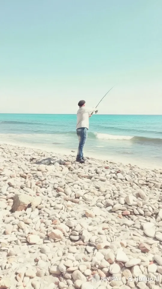 Man Fishing on Rocky Beach with Success – AI Generated Video | Hailuo AI