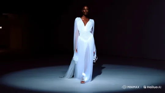 Model in Ethereal White Neon Dress with Dynamic Camera Work – AI Generated Video | Hailuo AI