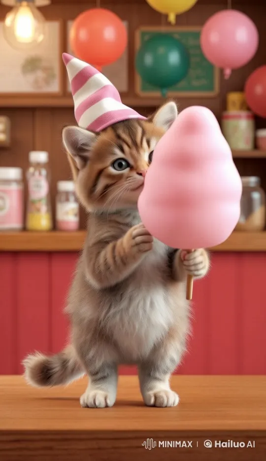 Festive Kitten Examines Cotton Candy on Cozy Table – AI Generated Video | Hailuo AI