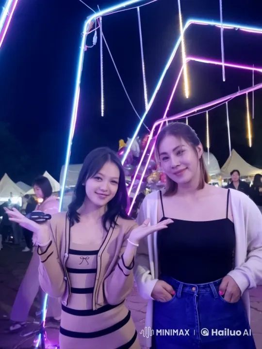 Night Market Festival: Two Friends Enjoy the Vibrant Scene – AI Generated Video | Hailuo AI
