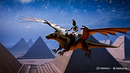 Egyptian King Rides Dragon in Night Sky Over Pyramids – AI Generated Video | Hailuo AI