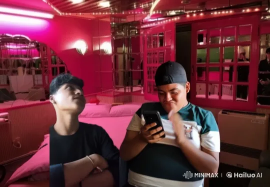 Boys Share Affection in Neon-Pink Room with Mirrors – AI Generated Video | Hailuo AI