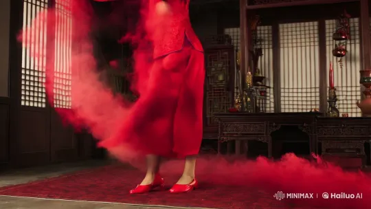 Traditional Chinese Room: Crimson Smoke Woman Transformation – AI Generated Video | Hailuo AI