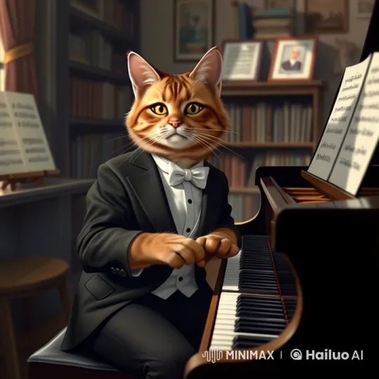 Tuxedo Cat Plays Piano and Dances in Cozy Library – AI Generated Video | Hailuo AI