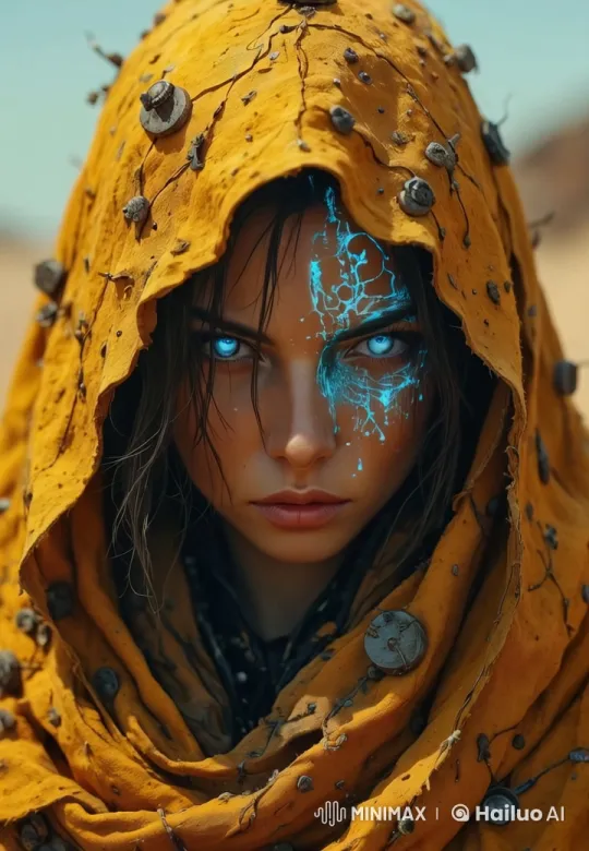 Person in Orange Hood with Pulsing Blue Eyes and Mysterious Smile – AI Generated Video | Hailuo AI