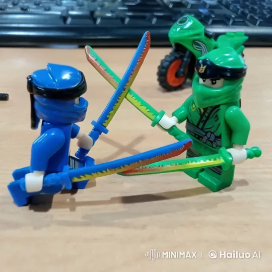 LEGO Samurai Duel on Wooden Desk with Motorcycle Background – AI Generated Video | Hailuo AI