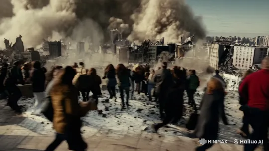 Post-Apocalyptic Cityscape: Chaos and Desperate Escape – AI Generated Video | Hailuo AI