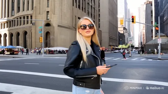 Young Woman in Urban Setting, Captured Candidly – AI Generated Video | Hailuo AI