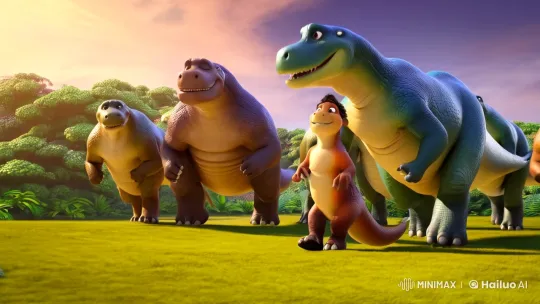 Dinosaurs Celebrate Tino's Courage Amidst Sunset Triumph – AI Generated Video | Hailuo AI