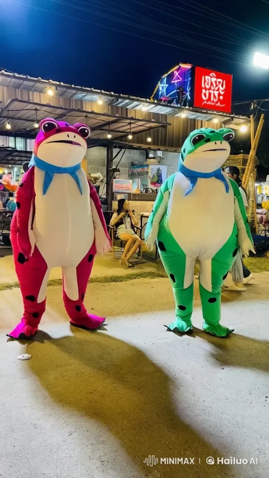 Frog Costumed Kungfu Fighters Battle in Night Market – AI Generated Video | Hailuo AI
