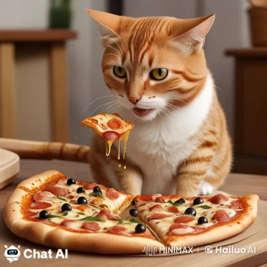 Curious Cat Anticipates Hovering Pizza Slice – AI Generated Video | Hailuo AI