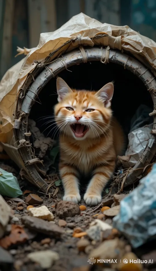 Vulnerable Kitten Cries in Outdoor Shelter – AI Generated Video | Hailuo AI