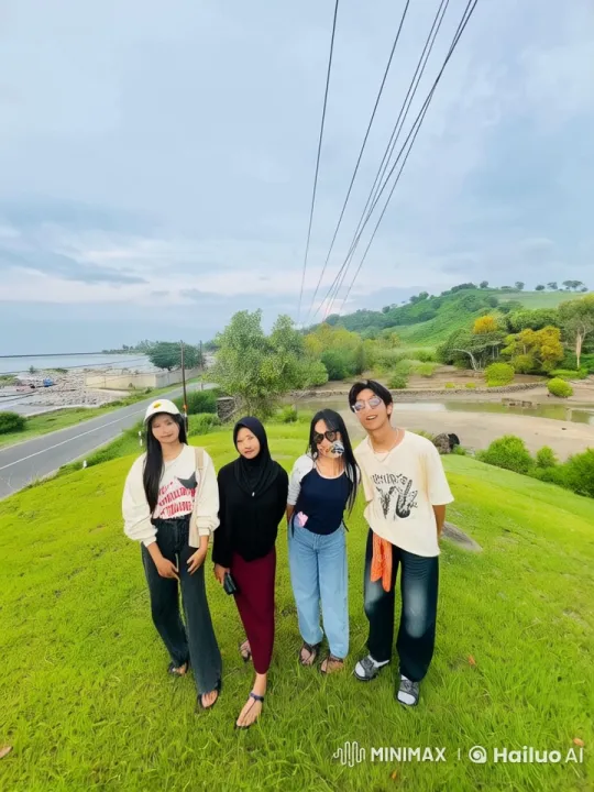 Friends Enjoying Scenic Hilltop with Sea View – AI Generated Video | Hailuo AI