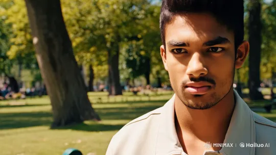 Determined Young Man Reflects in Serene Park Setting – AI Generated Video | Hailuo AI