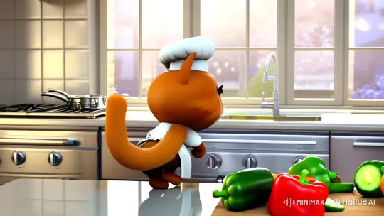3D Animated Cat Chef in Realistic Kitchen – AI Generated Video | Hailuo AI