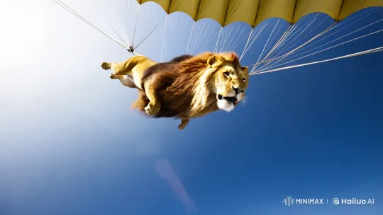 Lion Plummets Through Sky with Graceful Mane Dance – AI Generated Video | Hailuo AI
