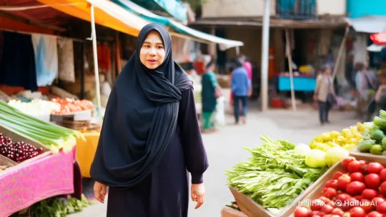 Woman in Hijab Walks Through Bustling Outdoor Market – AI Generated Video | Hailuo AI